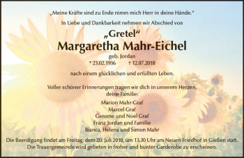 Traueranzeige von Margaretha Mahr-Eichel von  Gießener Anzeiger