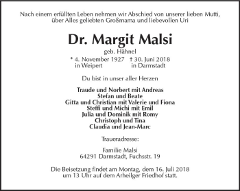 Traueranzeige von Margit Mals von vrm-trauer