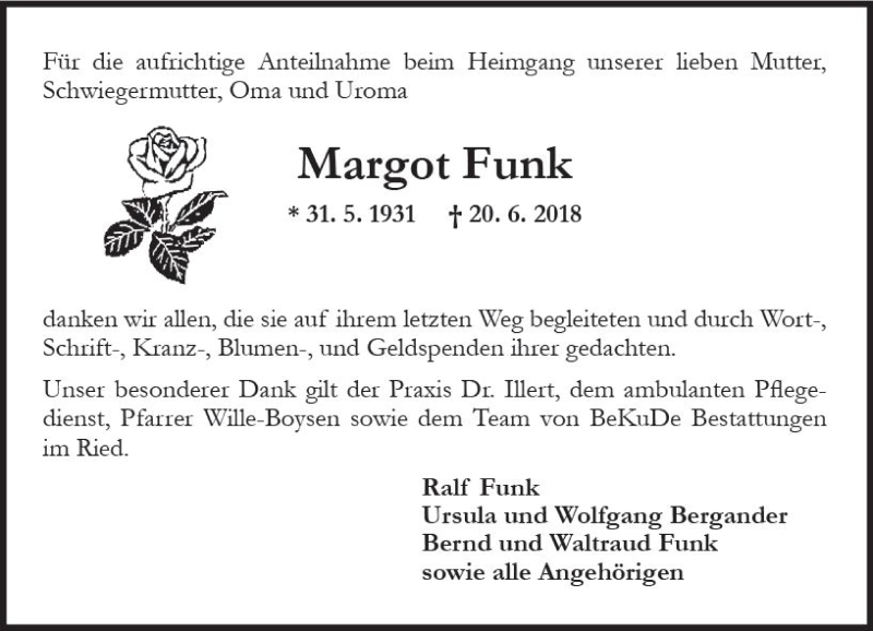  Traueranzeige für Margot Funk vom 14.07.2018 aus vrm-trauer