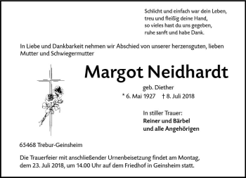 Traueranzeige von Margot Neidhardt von vrm-trauer