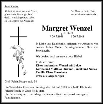 Traueranzeige von Margret Wenzel von VRM Trauer