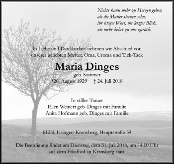 Traueranzeige von Maria Dinges von  Usinger Anzeiger