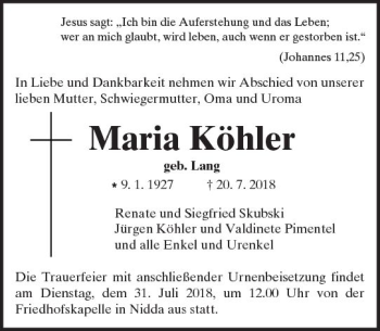 Traueranzeige von Maria Köhler von  Kreisanzeiger