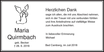 Traueranzeige von Maria Quirmbach von  Camberger Anzeiger