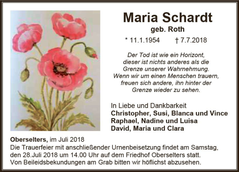  Traueranzeige für Maria Schardt vom 19.07.2018 aus  Camberger Anzeiger