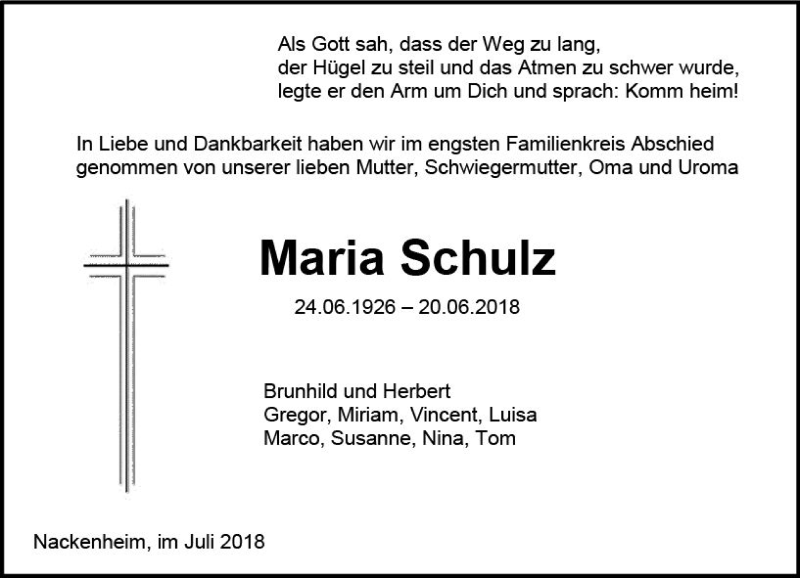  Traueranzeige für Maria Schulz vom 14.07.2018 aus vrm-trauer