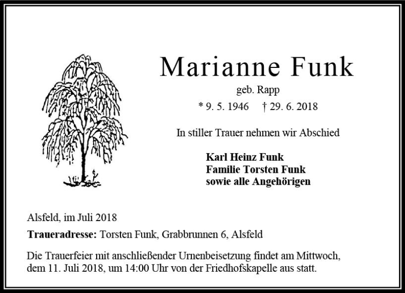  Traueranzeige für Marianne Funk vom 07.07.2018 aus VRM Trauer