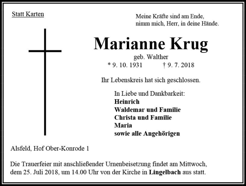  Traueranzeige für Marianne Krug vom 21.07.2018 aus VRM Trauer