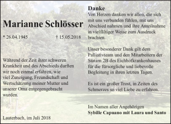 Traueranzeige von Marianne Schlösser von VRM Trauer