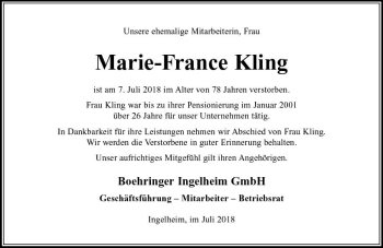 Traueranzeige von Marie-France Kling von vrm-trauer