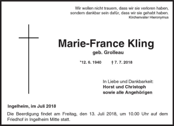 Traueranzeige von Marie-France Kling von vrm-trauer