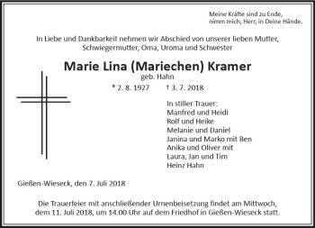 Traueranzeige von Marie Lina  Kramer von  Gießener Anzeiger