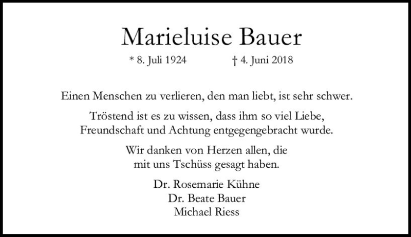  Traueranzeige für Marieluise Bauer vom 28.07.2018 aus vrm-trauer