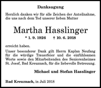 Traueranzeige von Martha Hasslinger von vrm-trauer