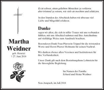 Traueranzeige von Martha Weidner von  Usinger Anzeiger