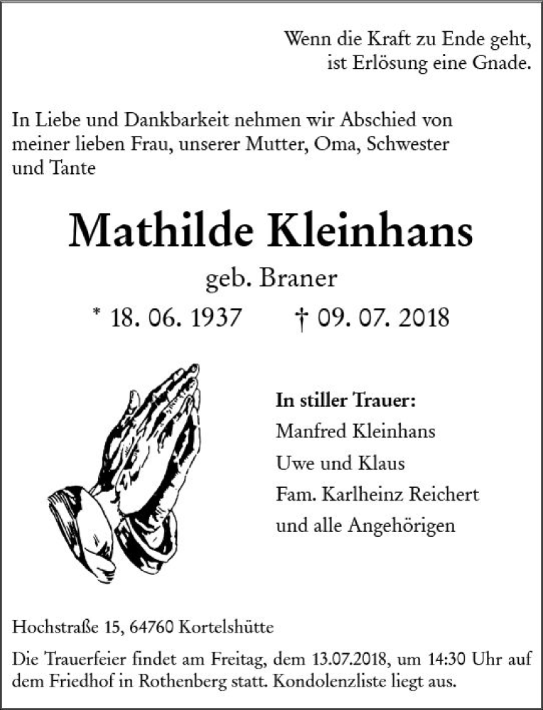  Traueranzeige für Mathilde Kleinhans vom 11.07.2018 aus vrm-trauer