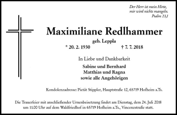Traueranzeige von Maximiliane Redlhammer von vrm-trauer