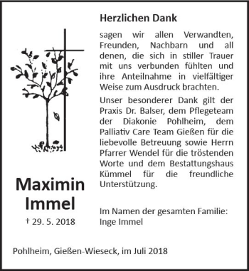 Traueranzeige von Maximin Immel von  Gießener Anzeiger