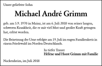 Traueranzeige von Michael Andre Grimm von vrm-trauer