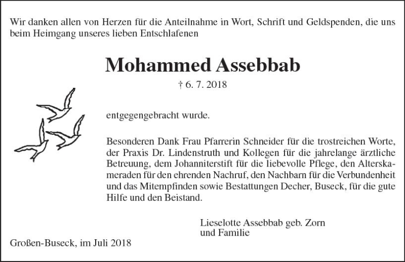  Traueranzeige für Mohammed Assebbab vom 31.07.2018 aus  Gießener Anzeiger