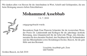 Traueranzeige von Mohammed Assebbab von  Gießener Anzeiger
