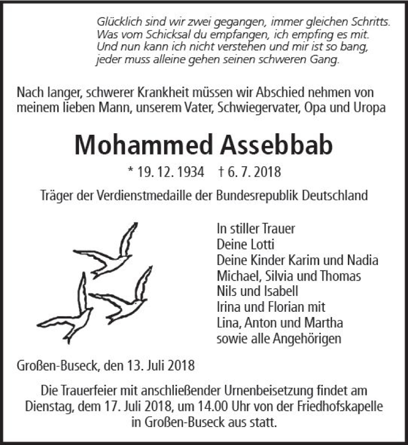  Traueranzeige für Mohammed Assebbab vom 13.07.2018 aus  Gießener Anzeiger