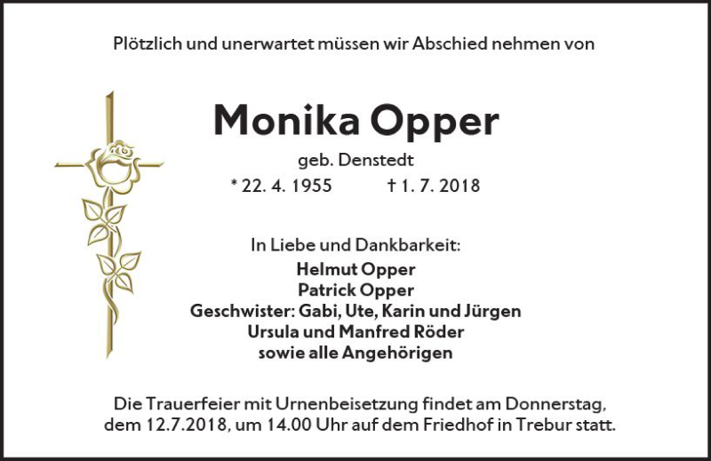  Traueranzeige für Monika Opper vom 09.07.2018 aus vrm-trauer