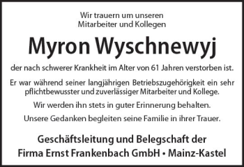 Traueranzeige von Myron Wyschnewyj von vrm-trauer