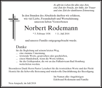 Traueranzeige von Norbert Rodemann von  Usinger Anzeiger