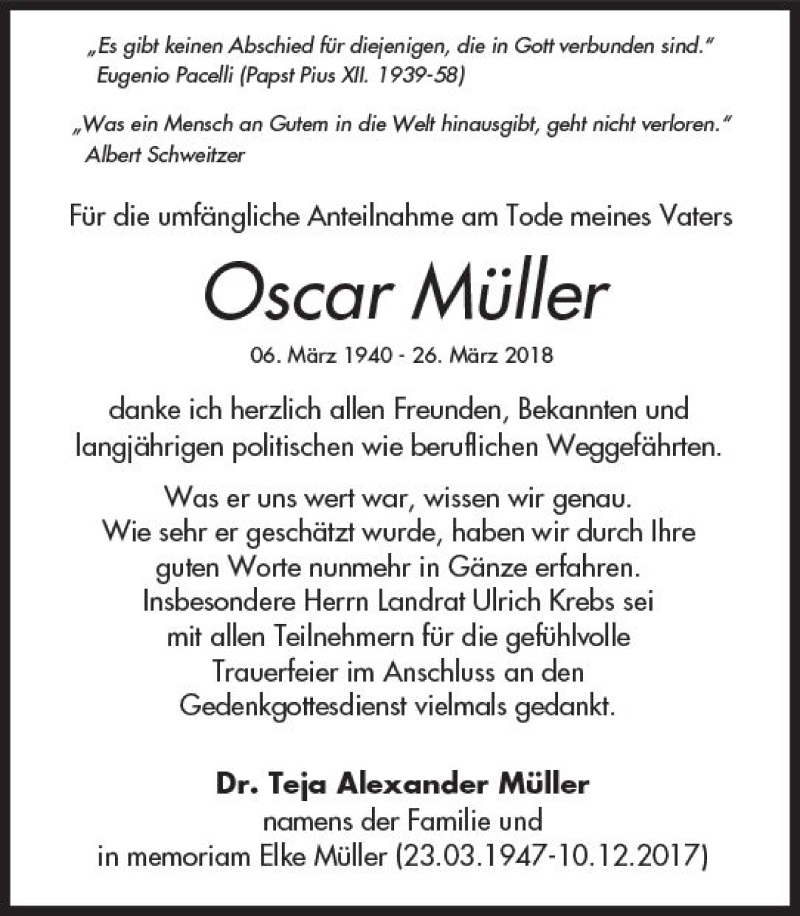  Traueranzeige für Oscar Müller vom 14.07.2018 aus  Usinger Anzeiger