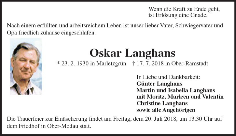  Traueranzeige für Oskar Langhans vom 19.07.2018 aus vrm-trauer