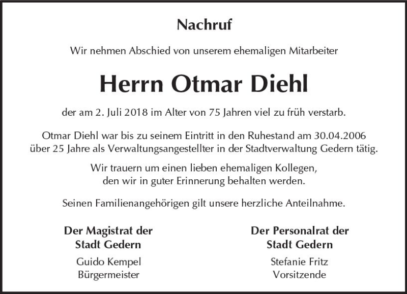  Traueranzeige für Otmar Diehl vom 07.07.2018 aus  Kreisanzeiger