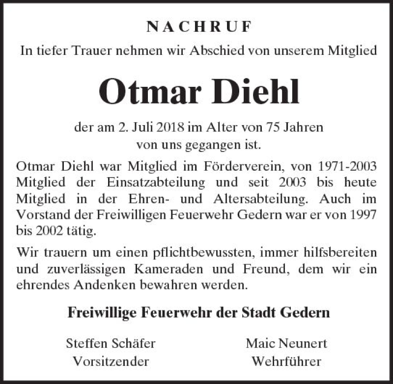  Traueranzeige für Otmar Diehl vom 07.07.2018 aus  Kreisanzeiger