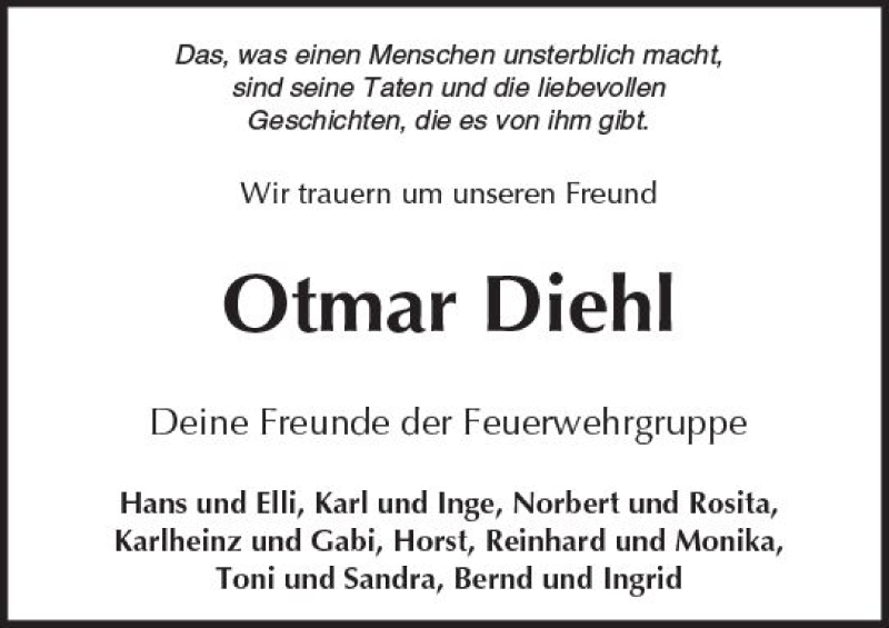  Traueranzeige für Otmar Diehl vom 05.07.2018 aus  Kreisanzeiger