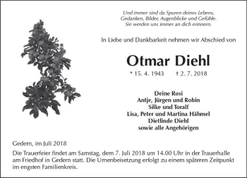 Traueranzeige von Otmar Diehl von  Kreisanzeiger