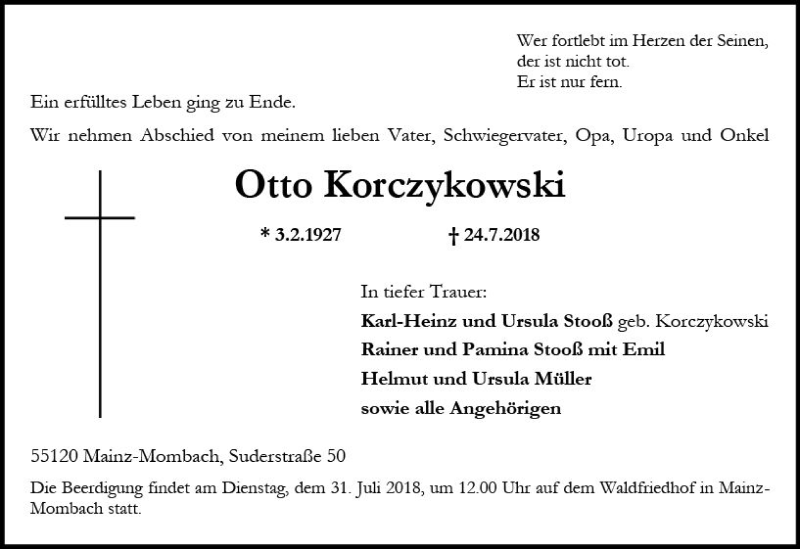  Traueranzeige für Otto Korczykowski vom 28.07.2018 aus vrm-trauer