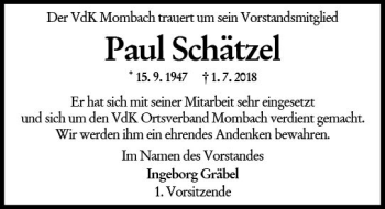 Traueranzeige von Paul Schätzel von vrm-trauer