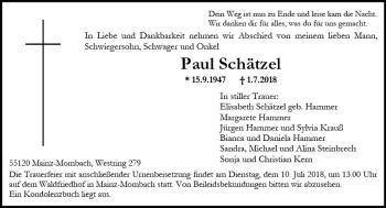 Traueranzeige von Paul Schätzel von vrm-trauer