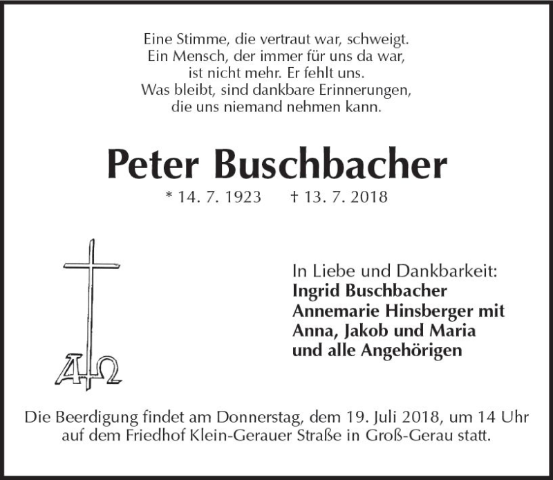  Traueranzeige für Peter Buschbacher vom 17.07.2018 aus vrm-trauer