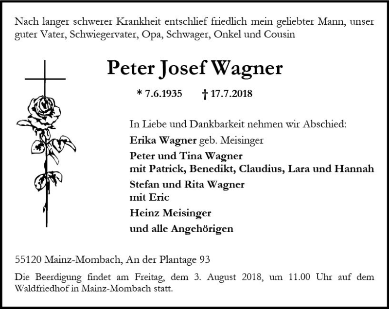  Traueranzeige für Peter Josef Wagner vom 28.07.2018 aus vrm-trauer