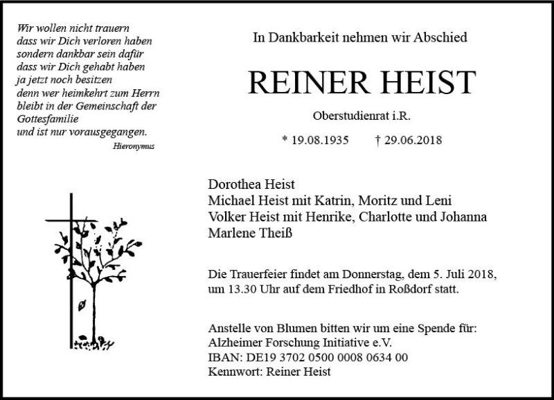  Traueranzeige für Reiner Heist vom 03.07.2018 aus Trauerportal Rhein Main Presse