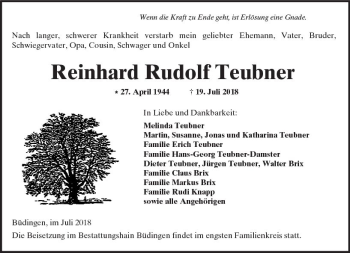 Traueranzeige von Reinhard Rudolf Teubner von  Kreisanzeiger