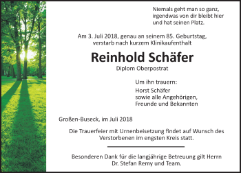 Traueranzeige von Reinhold Schäfer von  Gießener Anzeiger