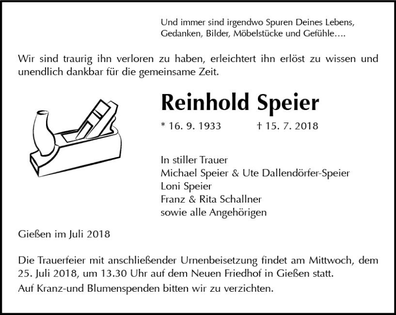  Traueranzeige für Reinhold Speier vom 21.07.2018 aus  Gießener Anzeiger