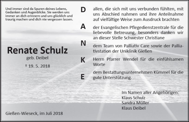  Traueranzeige für Renate Schulz vom 07.07.2018 aus  Gießener Anzeiger