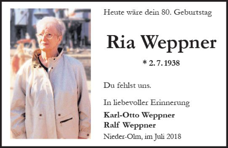  Traueranzeige für Ria Weppner vom 02.07.2018 aus Trauerportal Rhein Main Presse