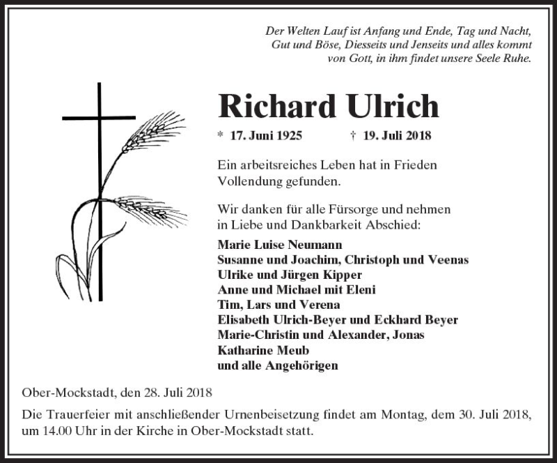  Traueranzeige für Richard Ulrich vom 28.07.2018 aus  Kreisanzeiger