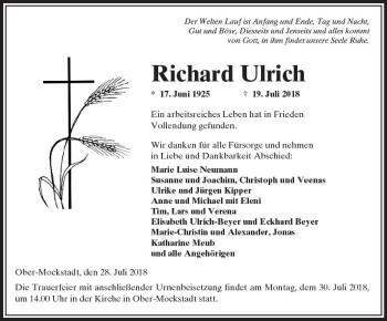 Traueranzeige von Richard Ulrich von  Kreisanzeiger