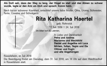 Traueranzeige von Rita Katharina Haertel von vrm-trauer
