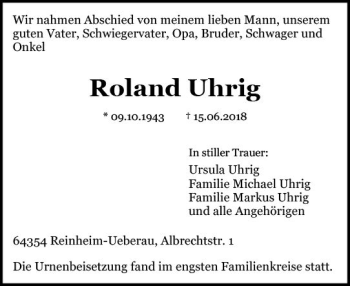 Traueranzeige von Roland Uhrig von vrm-trauer